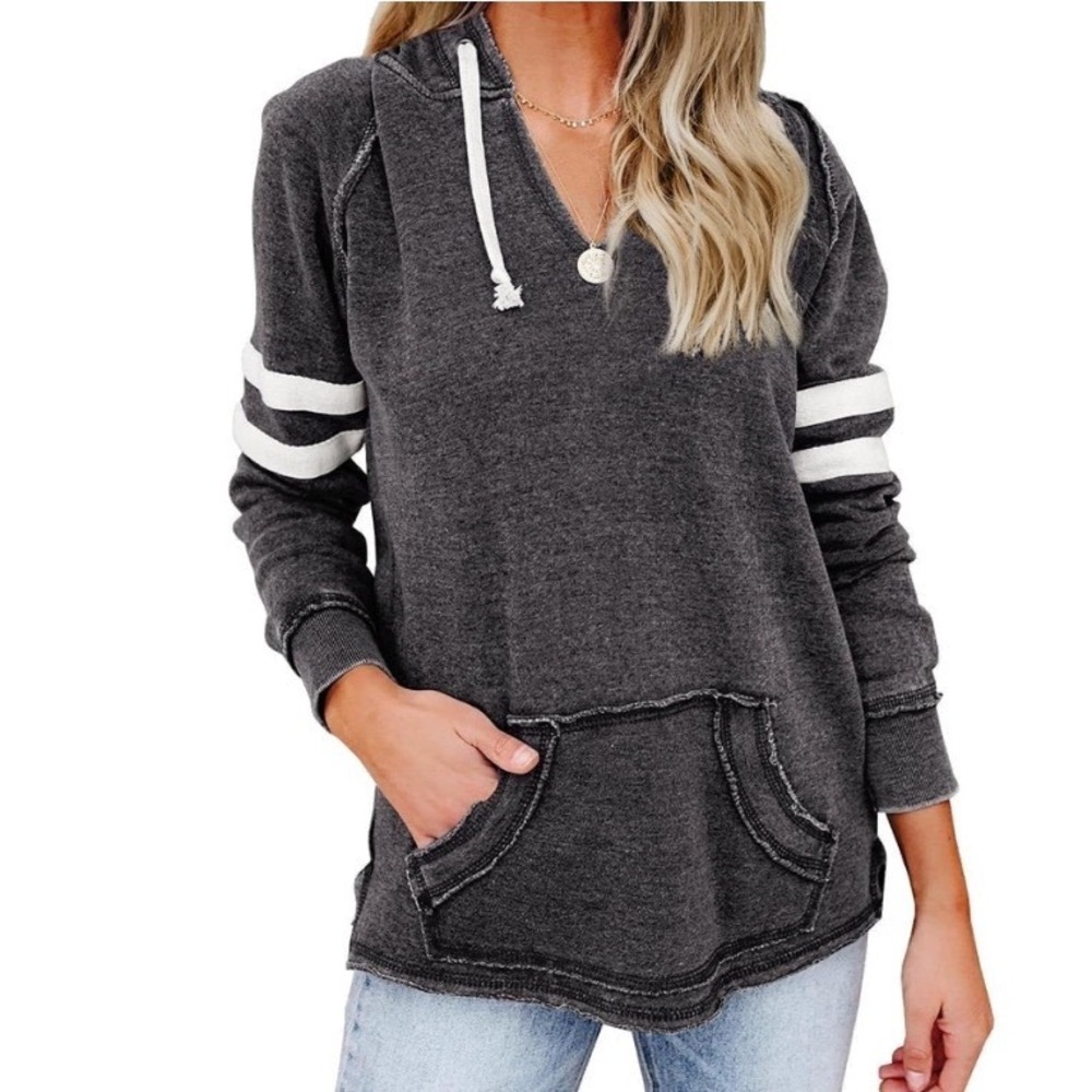 Ocean Drive Women Small Blue Mineral Wash Varsity Stripe Hoodie Sweatshirt